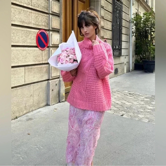 LoveShackFancy Leyland Chunky Cable Knit Turtleneck Sweater in Pink Rose Small - Picture 3 of 10